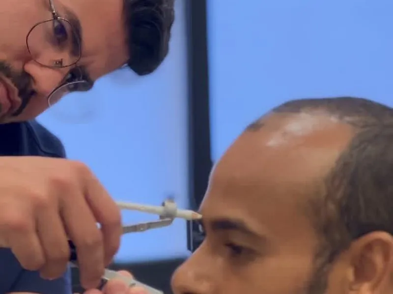 Dr. Iago medindo a linha frontal de um paciente